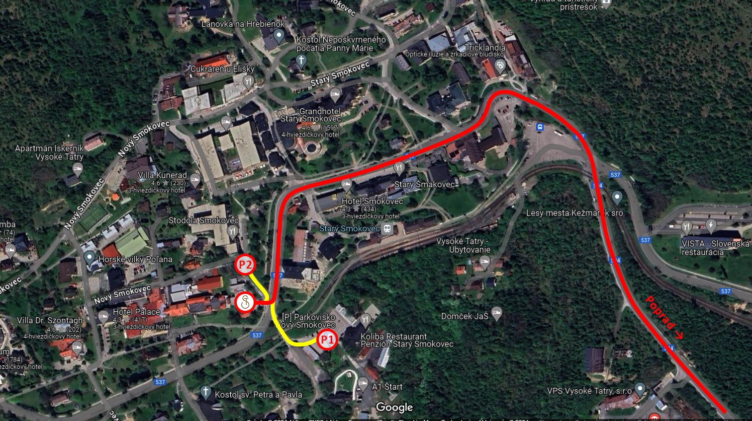 Satelitná mapa s vyznačenými parkoviskami P1 a P2 pre klientov kliniky Esthea v Novom Smokovci, Nový Smokovec 27.
