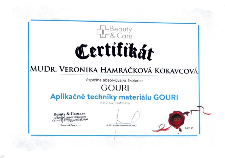 Certifikát pre MUDr. Veroniku Hamráčkovú Kokavcovú o absolvovaní školenia aplikačných techník materiálu GOURI