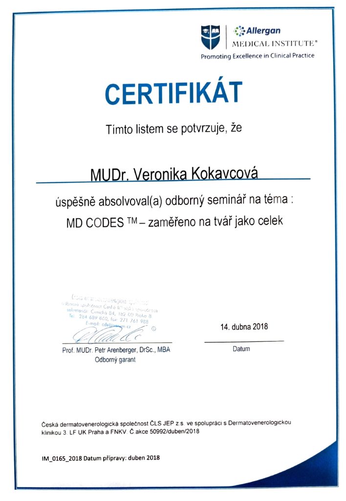 Certifikát pre MUDr. Veroniku Hamráčkovú Kokavcovú zo seminára MD CODES zameraného na ošetrenie tváre ako celku
