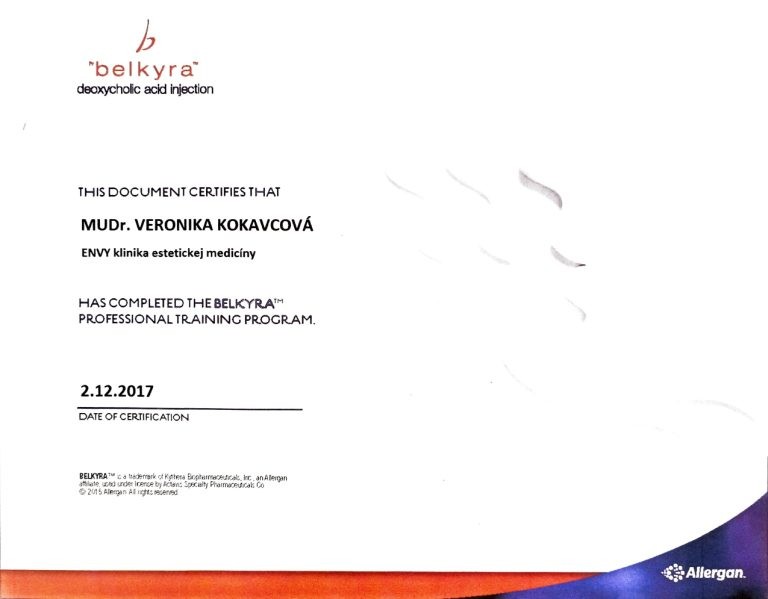 Certifikát pre MUDr. Veroniku Hamráčkovú Kokavcovú o absolvovaní odborného tréningového programu Belkyra (injekcia kyseliny deoxycholovej)