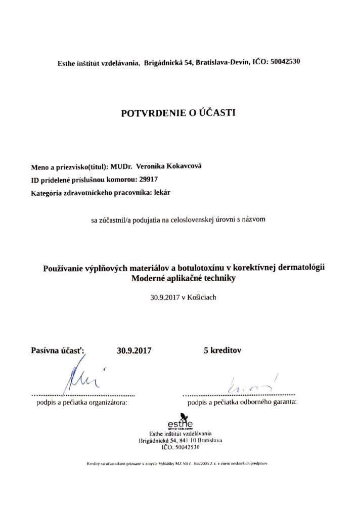 Potvrdenie o účasti MUDr. Veroniky Hamráčkovej Kokavcovej na školení moderných aplikačných techník výplňových materiálov a botulotoxínu