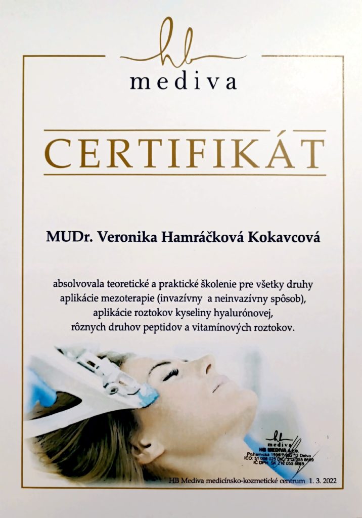 Certifikát pre MUDr. Veroniku Hamráčkovú Kokavcovú o školení aplikácie mezoterapie, kyseliny hyalurónovej a peptidov